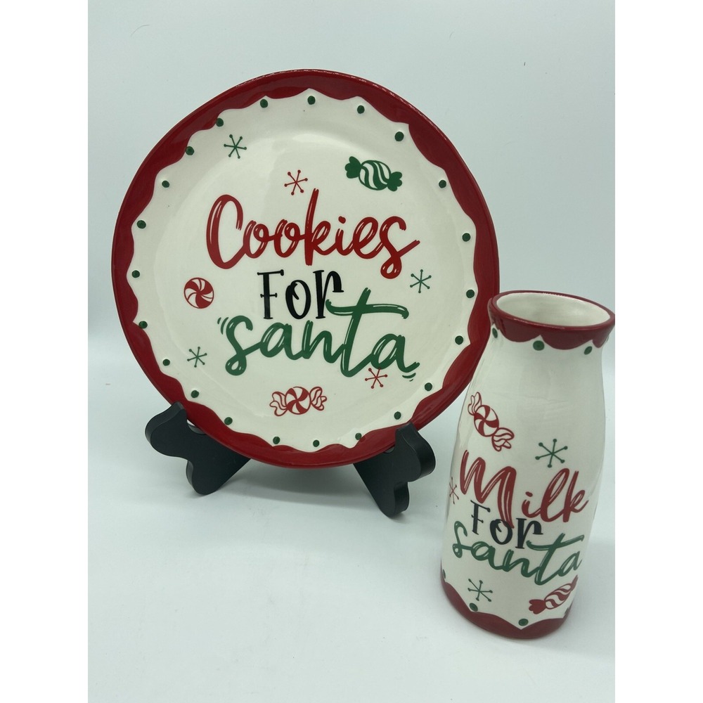 Sleigh Bell Bistro Ceramic Cookies For Santa‎ Plate Milk For Santa Cup CHRISTMAS